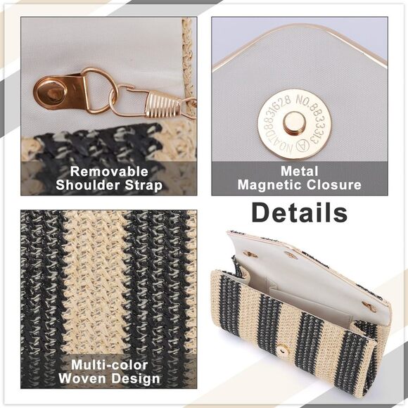 Summer Beach Woven Straw Envelope Clutch with Chain Strap - Picture 6 of 7